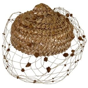 Vintage 1950s Debbie Raffia Hat with Pom-Pom Veil Net Honey Brown Pillbox Style